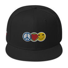 Load image into Gallery viewer, Peace Love and Happiness Snapback Lid