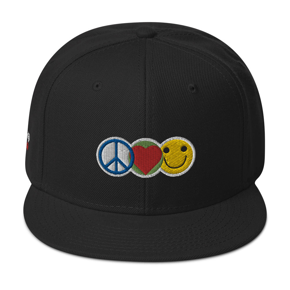 Peace Love and Happiness Snapback Lid