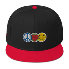 Load image into Gallery viewer, Peace Love and Happiness Snapback Lid
